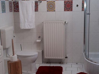 Monteurwohnung - WLAN - Beispiel Bad mit Dusche, WC  , Waschmaschine und 2 Waschbecken - Ferienwohnung "Wohnglück" im Gasthaus "Zur Krone"